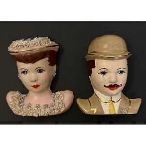 VINTAGE Lady & Gentleman Wall Plaques Ceramic Hanger Sculpture Man And Woman